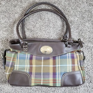 American Living Co Plaid Satchel Handbag Shoulder Bag Brown Accent Purse - Picture 1 of 11