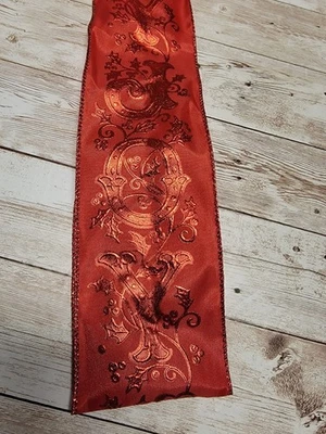 Wired Edge Red Embossed Joy Christmas Ribbon, 3-inch width and over 11 feet long - Image 1 of 4