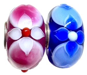 (Set of 2) Trollbeads Serling Silver Beads UNIQUE Pink And Blue Textured Dots - Picture 1 of 17