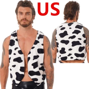 Mens Vest Coat Tops Flannel Cow Printed V Neck Sleeveless Waistcoat Costumes - Picture 1 of 24