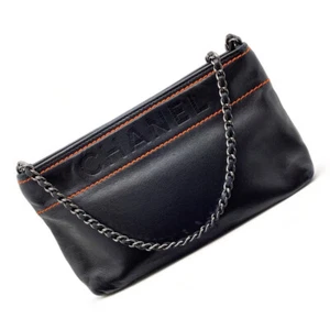 Chanel Lax Pochette Wild Stitch Accessory Pouch Chain Shoulder Bag Black Orange - Picture 1 of 20