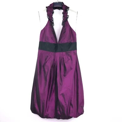 Vestido para mujer Kay Unger seda púrpura cóctel volantes cuello halter talla 10 $350 Foto 1 de 4