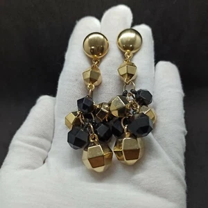 Original Vintage Long Earrings Cluster Gold Black Beads Lightweight Runway Post - Bild 1 von 12