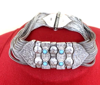 BRACCIALE ETNICO  ANATOLIA ORIENTALE, IN ARGENTO 925 E TURCHESE PRIMI '900 - Immagine 1 di 4