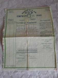 Vintage share certificate Stocks Bonds Loan certificat 1942 Department seine   - Picture 1 of 2