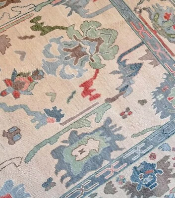 Modern Oushak Hand Knotted Floral Rug 6x9 Ivory 100% Wool Carpet for Living Room - Image 1 of 4