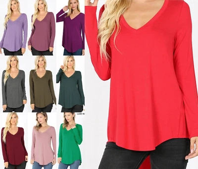 1X 2X 3X Plus Mujer Cuello en V Rayón Manga Larga Top Suelto Calce Básico Camiseta Túnica Foto 1 de 3