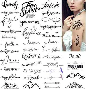 36 Designs temporäre Tattoos Glaube Worte Hoffnung Liebe Glück Buchstaben glauben gefälscht - Bild 1 von 1