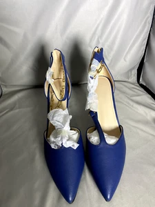 Womens Blue Heels Ankle Strap Pumps Closed Pointed T-Strap Chain Back Zipper 8.5 - Picture 1 of 9