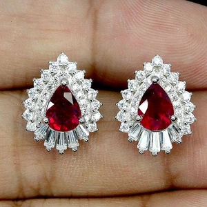 925 Sterling Silver Earrings Pear Ruby 7x5mm Natural Gemstone Jewelry - Picture 1 of 13