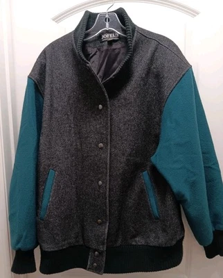 Vintage Jofeld Wool Varsity Style Bomber Jacket Women's M Gray, Teal - Image 1 of 4
