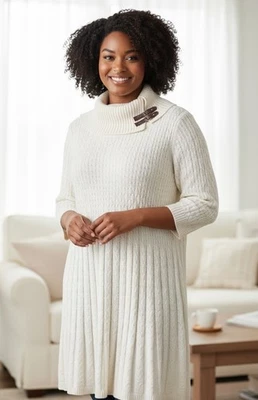 Платье сарая 3/4 рукав капот шеи свитер платье размер L слоновой кости off-белый 40» длиной - Изображение 1 из 4