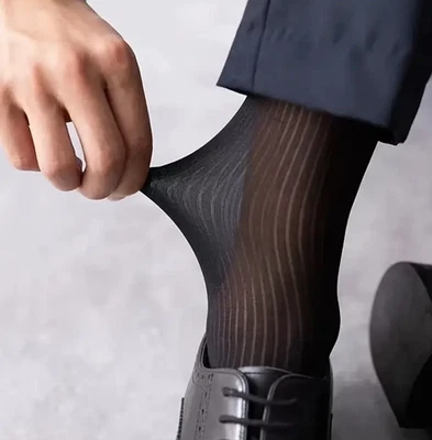 Calcetines de vestir formales a rayas transparentes para hombre traje estilo clásico azul negro hasta la rodilla Foto 1 de 4
