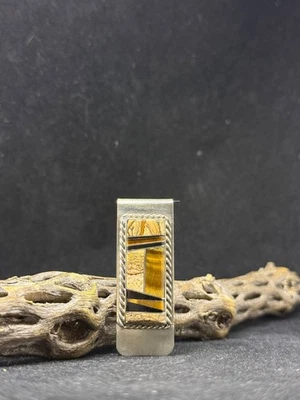 Clip de dinero de plata esterlina con incrustación de jaspe, ojo de tigre y chorro nativo Zuni firmado  Foto 1 de 4