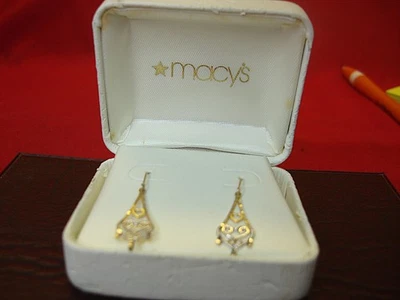 14K YELLOW/WHITE GOLD DANGLE/DROP EARRINGS - SMALL BUT PRETTY - NEVER WORN O.B. - Image 1 of 4