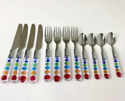 12 Rainbow Clear Acrylic Plastic Stainless Silverware Utensil Flatware Polka Dot - Image 1 of 4