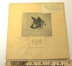 Original 1931 M.L. French Genuine Etching "Old Faithful" 4" German Shepard Print - Picture 1 of 2