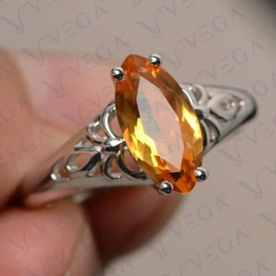 Alianza solitario citrino natural corte marquesa de 3,00 quilates chapada en oro blanco de 18 quilates Foto 1 de 4