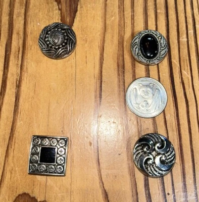 Four Vintage Antique Silver And Black Discs On Silver Tone Button Covers - Image 1 of 3