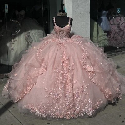 Vestidos de baile rosa Quinceanera alças de espaguete apliques de renda cintilante - Imagem 1 de 4