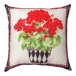 POTTED RED GERANIUMS INDOOR OUTDOOR TEXTURED THROW PILLOW - 18" SQUARE - Picture 1 of 1