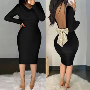 Women Sexy Bodycon Backless Midi Dress Lady Long Sleeve Club Party Pencil Dress - Picture 1 of 10