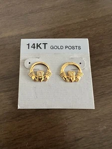 Juego de pendientes vintage de oro de 14 quilates con poste de Claddagh irlandés (ligeros, delgados) - Imagen 1 de 7