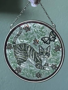 Vintage AMIA glass suncatcher kitty cat butterfly flowers Handpainted 4.5” - Picture 1 of 7