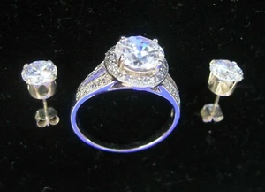 ENGAGEMENT RING IN STERLING SILVER & ROHADIUM W CZs, SIZES 6-7 & 8 with EARRINGS - Picture 1 of 5