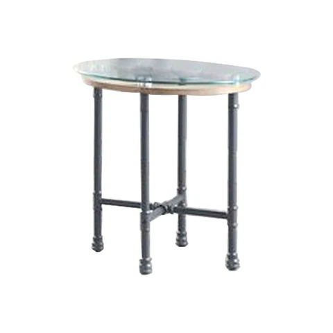 Benjara End Table with Round Glass Top and Metal Pipe Style Legs, Gray Cover