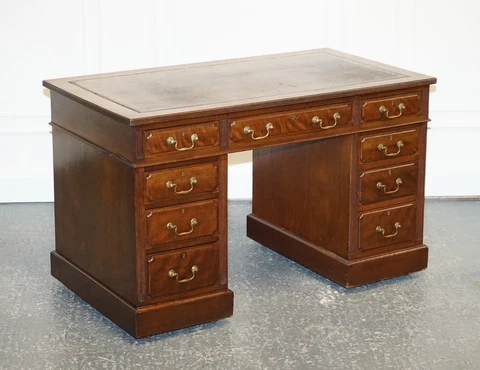 EDWARDIAN MAPLE & CO PEDESTAL WRITING DESK DISTRESSED BROWN EMBOSSED LEATHER Cover