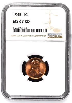 1945 Lincoln Cent: Exceptional NGC MS67 Red ~ Low Pop Example - Image 1 of 3