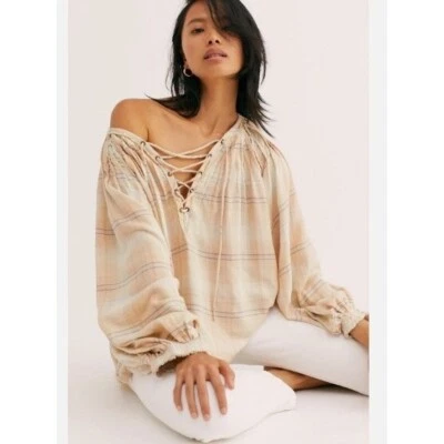 We The Free Plaid Peasant Top Boho Lace Up Long Sleeve Oversized Blouse Large - Image 1 of 4