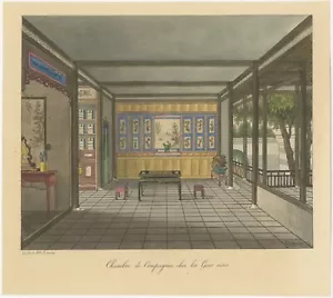 Estampado antiguo coloreado a mano de una habitación china - Imagen 1 de 1