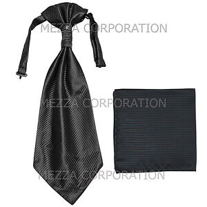 New 100% Polyester Men's Horizontal Stripes Ascot Cravat Hankie Party Black