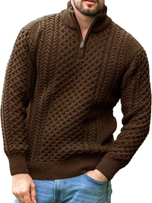 Suéter Pullover Pescador Irlandés Tejido con Cable Media Cremallera Diseño Jacquard Cálido para Hombres Foto 1 de 4