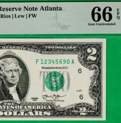 $2 TWO DOLLAR Federal Reserve note LADDER Serial Numbers  1-2-3-4-5-6-9-0 PMG 66 - Image 1 of 3