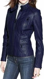 Women's Blue Leather Jacket Biker Moto Lambskin Leather Coat - Picture 1 of 4