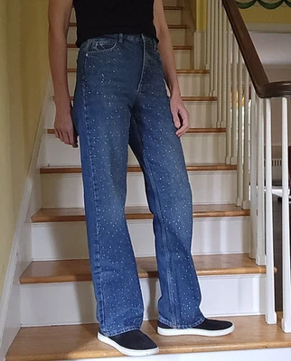 Zara high rise straight leg studded embellished jeans, size 4, blue, great cond. - Image 1 of 4