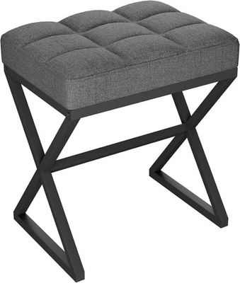 Grey Linen Vanity Stool with X-Shaped Metal Legs Footrest Bench 40×30×46cm - Image 1 of 4