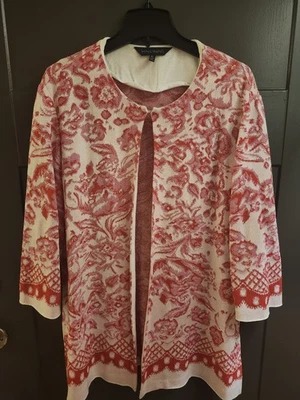 Ming Wang Womens Open Knit Black Jacket Red Pink Floral 3/4 Sleeve XL - Image 1 of 4