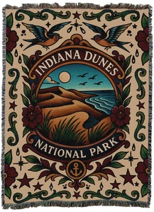 Indiana Dunes National Park Tattoo Style Blanket Woven from Cotton (72x54) - Picture 1 of 6
