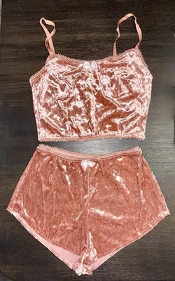 Women's Rose Pink Velvet 2 Piece Cropped Cami Pajama Set Sz Extra Small - Image 1 of 4
