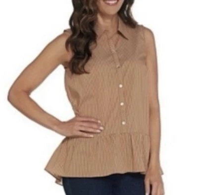 LOGO Lori Goldstein Botón Delantero Rayas Volantes Parte Inferior Tanque Talla Pequeña Foto 1 de 4