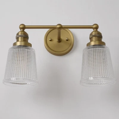 Vintage 2 Light Wall Sconce Antique Brass Gold Bathroom Vanity Light with Cle... - Image 1 of 4