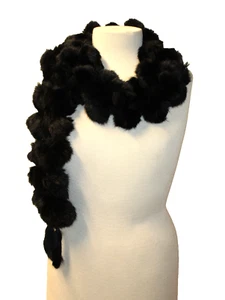 VINTAGE BLACK FUR POM POMS BALLS SCARF, STOLE, 60 INCHES LONG WITH 2 FUR TASSELS - Picture 1 of 8