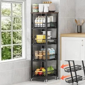 Metal Wire Baskets With Wheels Stackable Storage Bins Kitchen Organizer Shelf Mu - Picture 1 of 8