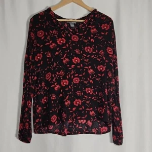 Black Long Sleeve Floral Shirt Blouse Red Flowers Size Medium Chlesea Theodore M - Picture 1 of 8