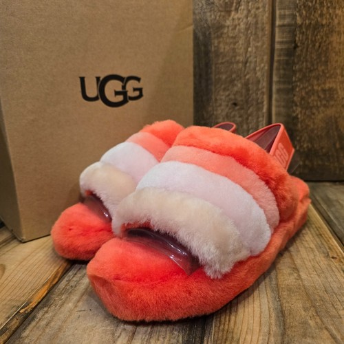 UGG FLUFF YEAH SLIDE DONNA US 6 PANTOFOLE LANA SLINGBACK SANDALO ARANCIONE LAVA FLOW