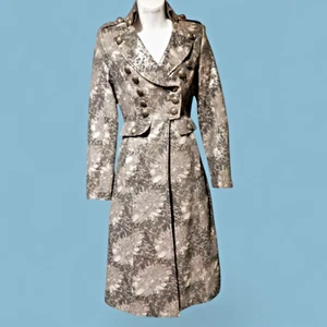 BLACK & GOLD BROCADE COAT cutaway midi-long jacket trench metallic XS 0 2 2A - Picture 1 of 10
